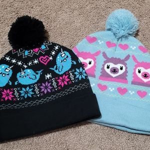 2 Pom-Pom Beanie Winter Hats - Narwhals & Llamas